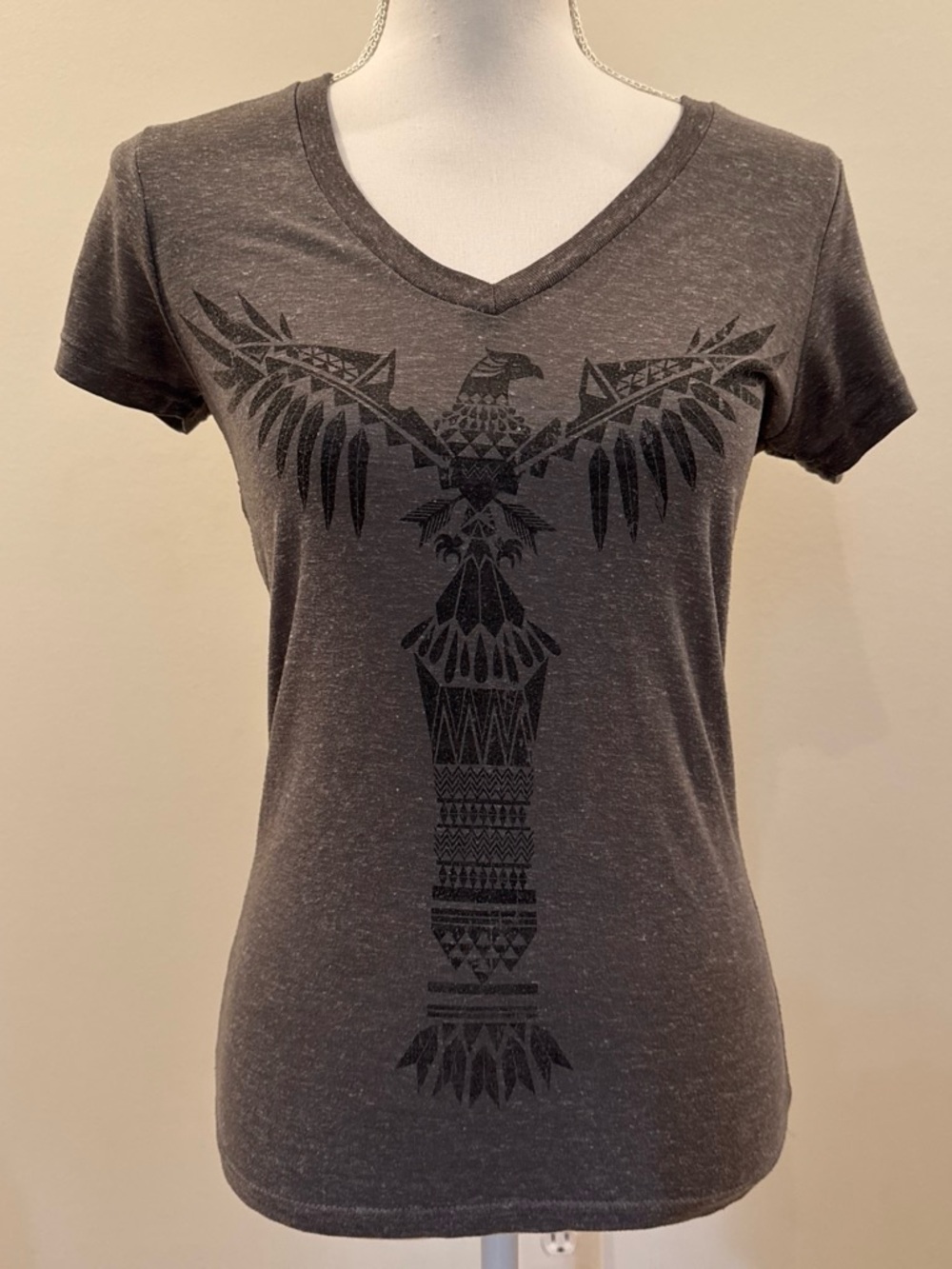 Empyre Charcoal Gray V-Neck Tee with Black Tribal Eagle Graphic